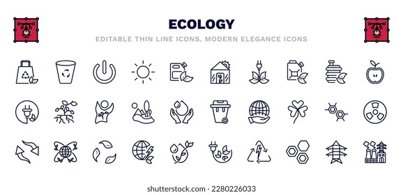 set of ecology thin line icons. ecology outline icons such as recycled bag, green power, green house, half, eco volunteer, dust bin, reload arrows, energy globe, renewable energy, power plant