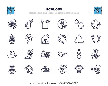set of ecology thin line icons. ecology outline icons such as recycling, solar plug, drop, shamrock, recycle arrows, wind bending tree, recycled bottle, eco bulb, eco e, eco power cells vector.