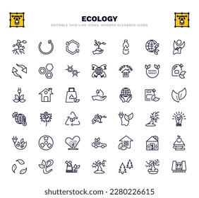 conjunto de iconos de línea delgada de ecología. iconos ecológicos de contorno como planta y raíz, reciclado, botella reciclada, producto natural, gotas de lluvia en una mano, hoja de m, energía verde, casa ecológica, fábrica sostenible