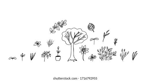Ökologie, Baum, Büsche, Zweige und Pflanzen, Vektorillustration, Handzeichnung