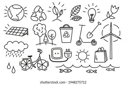 Conjunto de iconos vectoriales ecológicos. Ilustración ecológica del vector Doodle. Elementos dibujados a mano orgánicos