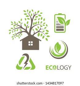 Set of ecology vector icons. Set includes- recycle icon, green house, leafs, tools, plug, eco battery icons. Modern minimalistic flat design. Vector green icon