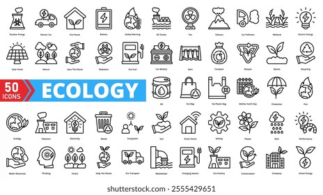 Set of ecology web icons in line style. Containing environment, nature, sustainability, conservation, ecosystem, biodiversity, recycling, climate, green, wildlife