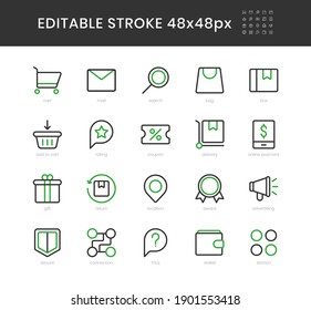 Set of e-commerce 20 outline icons design. Include cart, delivery, coupon, online payment, etc. 48x48 pixel editable stroke. Vector illustration Eps 10.