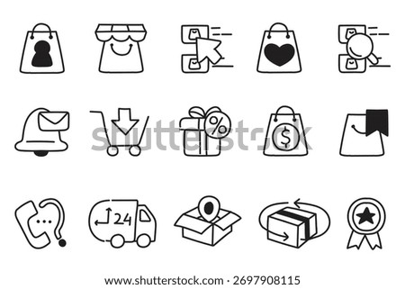 set of e-commerce business hand drawn icons, website, drawing, vector illustrations, online shop, buy, payment, receive product, finance