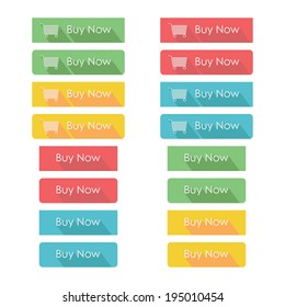 Set of e-commerce buttons. Buy now buttons template. Flat design with long shadow. Vector illustration