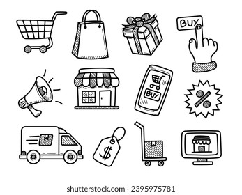 Set of e-commerce doodle illustrations on a white background. Hand-drawn e-commerce elements