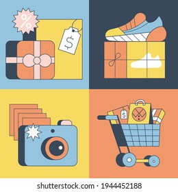 Set of e-commerce elements money, camera, sneaker, basket