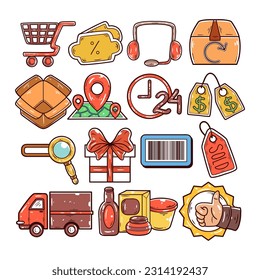 Set of e-commerce icon element hand-drawn illustration