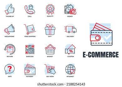 Set of E-commerce icon logo vector illustration. basket, megaphone, return, gift, quality, delivery truck and more pack symbol template for graphic and web design collection