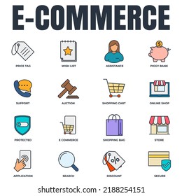 Set of E-commerce icon logo vector illustration. shopping cart, wish list, piggy bank, search, secure, protected shield and more pack symbol template for graphic and web design collection