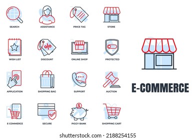 Set of E-commerce icon logo vector illustration. shopping cart, wish list, piggy bank, search, secure, protected shield and more pack symbol template for graphic and web design collection