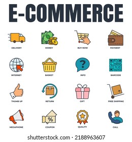 Set of E-commerce icon logo vector illustration. basket, megaphone, return, gift, quality, delivery truck and more pack symbol template for graphic and web design collection