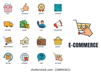 Set of E-commerce icon logo vector illustration. basket, megaphone, return, gift, quality, delivery truck and more pack symbol template for graphic and web design collection