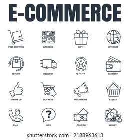 Set of E-commerce icon logo vector illustration. basket, megaphone, return, gift, quality, delivery truck and more pack symbol template for graphic and web design collection