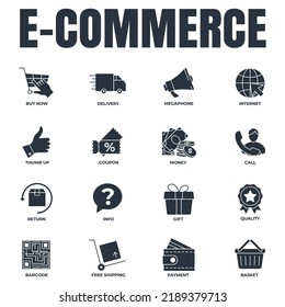 Set of E-commerce icon logo vector illustration. basket, megaphone, return, gift, quality, delivery truck and more pack symbol template for graphic and web design collection