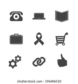 Set of e-commerce icons with computing like hand chain links phone notebook open book gears briefcase shopping basket charity in black silhouette vector illustration