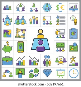Set of E-commerce Icons. Contains Statistic, Discount, Briefcase, Pie Chart, Money, Credit Card and more. Editable Vector. Pixel Perfect.