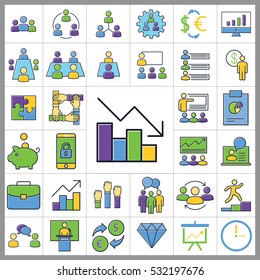 Set of E-commerce Icons. Contains Statistic, Discount, Briefcase, Pie Chart, Money, Credit Card and more. Editable Vector. Pixel Perfect.