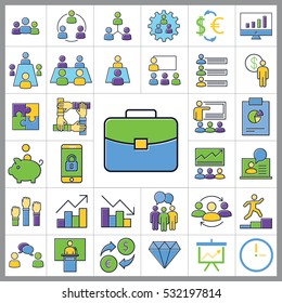 Set of E-commerce Icons. Contains Statistic, Discount, Briefcase, Pie Chart, Money, Credit Card and more. Editable Vector. Pixel Perfect.