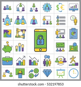 Set of E-commerce Icons. Contains Statistic, Discount, Briefcase, Pie Chart, Money, Credit Card and more. Editable Vector. Pixel Perfect.