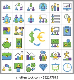 Set of E-commerce Icons. Contains Statistic, Discount, Briefcase, Pie Chart, Money, Credit Card and more. Editable Vector. Pixel Perfect.