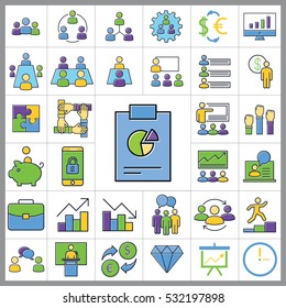 Set of E-commerce Icons. Contains Statistic, Discount, Briefcase, Pie Chart, Money, Credit Card and more. Editable Vector. Pixel Perfect.