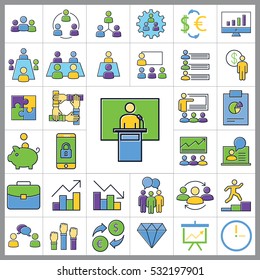 Set of E-commerce Icons. Contains Statistic, Discount, Briefcase, Pie Chart, Money, Credit Card and more. Editable Vector. Pixel Perfect.