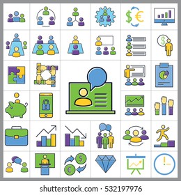 Set of E-commerce Icons. Contains Statistic, Discount, Briefcase, Pie Chart, Money, Credit Card and more. Editable Vector. Pixel Perfect.