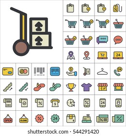 Set of E-Commerce Icons. Contains such Icons as Shopping Cart, Cup, T-Shirt, Credit Card, Money, Sale, Store, Percentage and more. Editable Vector. Pixel Perfect.