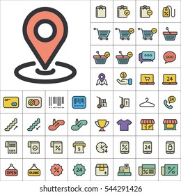 Set of E-Commerce Icons. Contains such Icons as Shopping Cart, Cup, T-Shirt, Credit Card, Money, Sale, Store, Percentage and more. Editable Vector. Pixel Perfect.