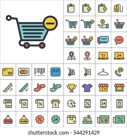 Set of E-Commerce Icons. Contains such Icons as Shopping Cart, Cup, T-Shirt, Credit Card, Money, Sale, Store, Percentage and more. Editable Vector. Pixel Perfect.