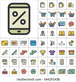 Set of E-Commerce Icons. Contains such Icons as Shopping Cart, Cup, T-Shirt, Credit Card, Money, Sale, Store, Percentage and more. Editable Vector. Pixel Perfect.