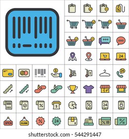 Set of E-Commerce Icons. Contains such Icons as Shopping Cart, Cup, T-Shirt, Credit Card, Money, Sale, Store, Percentage and more. Editable Vector. Pixel Perfect.