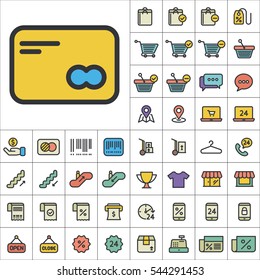 Set of E-Commerce Icons. Contains such Icons as Shopping Cart, Cup, T-Shirt, Credit Card, Money, Sale, Store, Percentage and more. Editable Vector. Pixel Perfect.