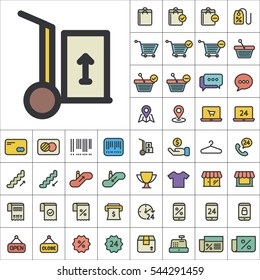 Set of E-Commerce Icons. Contains such Icons as Shopping Cart, Cup, T-Shirt, Credit Card, Money, Sale, Store, Percentage and more. Editable Vector. Pixel Perfect.