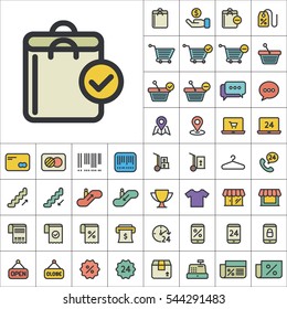 Set of E-Commerce Icons. Contains such Icons as Shopping Cart, Cup, T-Shirt, Credit Card, Money, Sale, Store, Percentage and more. Editable Vector. Pixel Perfect.