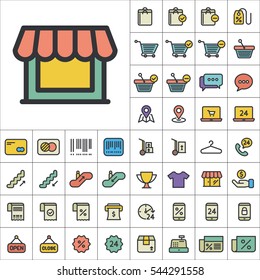 Set of E-Commerce Icons. Contains such Icons as Shopping Cart, Cup, T-Shirt, Credit Card, Money, Sale, Store, Percentage and more. Editable Vector. Pixel Perfect.