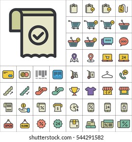 Set of E-Commerce Icons. Contains such Icons as Shopping Cart, Cup, T-Shirt, Credit Card, Money, Sale, Store, Percentage and more. Editable Vector. Pixel Perfect.