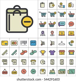 Set of E-Commerce Icons. Contains such Icons as Shopping Cart, Cup, T-Shirt, Credit Card, Money, Sale, Store, Percentage and more. Editable Vector. Pixel Perfect.