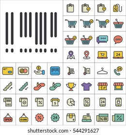 Set of E-Commerce Icons. Contains such Icons as Shopping Cart, Cup, T-Shirt, Credit Card, Money, Sale, Store, Percentage and more. Editable Vector. Pixel Perfect.