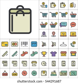 Set of E-Commerce Icons. Contains such Icons as Shopping Cart, Cup, T-Shirt, Credit Card, Money, Sale, Store, Percentage and more. Editable Vector. Pixel Perfect.