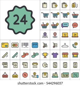 Set of E-Commerce Icons. Contains such Icons as Shopping Cart, Cup, T-Shirt, Credit Card, Money, Sale, Store, Percentage and more. Editable Vector. Pixel Perfect.
