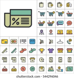 Set of E-Commerce Icons. Contains such Icons as Shopping Cart, Cup, T-Shirt, Credit Card, Money, Sale, Store, Percentage and more. Editable Vector. Pixel Perfect.
