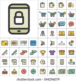 Set of E-Commerce Icons. Contains such Icons as Shopping Cart, Cup, T-Shirt, Credit Card, Money, Sale, Store, Percentage and more. Editable Vector. Pixel Perfect.

