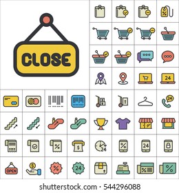 Set of E-Commerce Icons. Contains such Icons as Shopping Cart, Cup, T-Shirt, Credit Card, Money, Sale, Store, Percentage and more. Editable Vector. Pixel Perfect.
