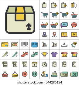 Set of E-Commerce Icons. Contains such Icons as Shopping Cart, Cup, T-Shirt, Credit Card, Money, Sale, Store, Percentage and more. Editable Vector. Pixel Perfect.
