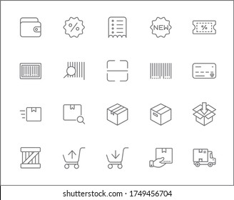 Set of e-commerce icons line style. It contains such Icons as shopping, delivery, package, box, coupon, cart, adding, shipping, tags, market and other elements.