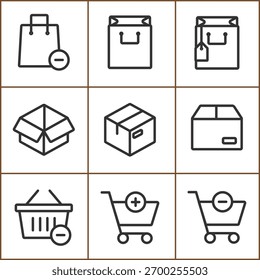 Eine Reihe von eCommerce-Symbolen, die den Einkaufsprozess und die Verwaltung von Online-Shops darstellen.