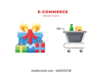 Set of e-commerce icons, such as gift and Cart icons, with flat style. Suitable for E-commerce, online shop, shipment, transaction, and shopping theme